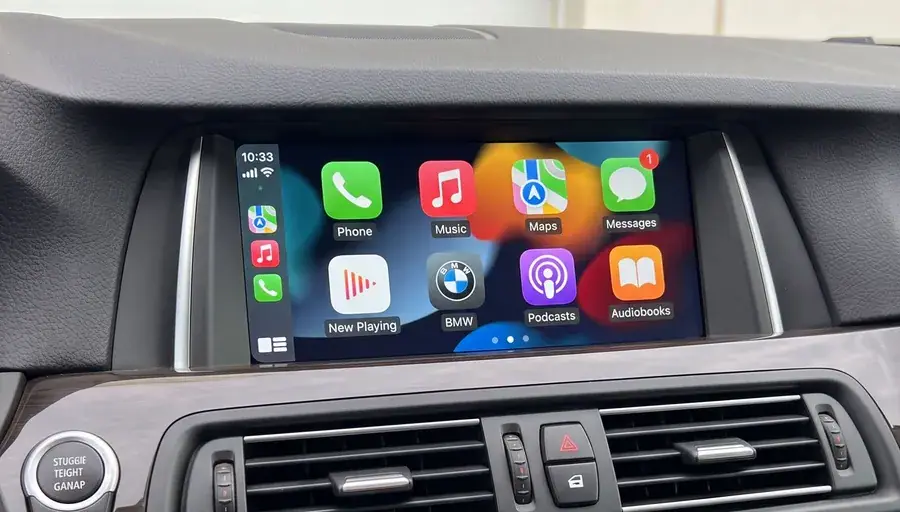 The same BMW F30 NBT factory screen showing wireless CarPlay after the decoder module install