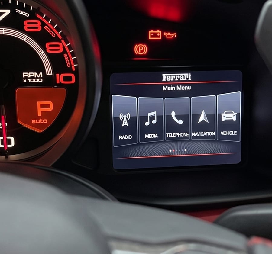 CarPlay 改装前的 Ferrari 信息娱乐原厂菜单 — 原始界面完全保留
