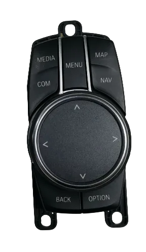 BMW iDrive rotary controller with the original steering wheel buttons that a CarPlay retrofit module leaves connected