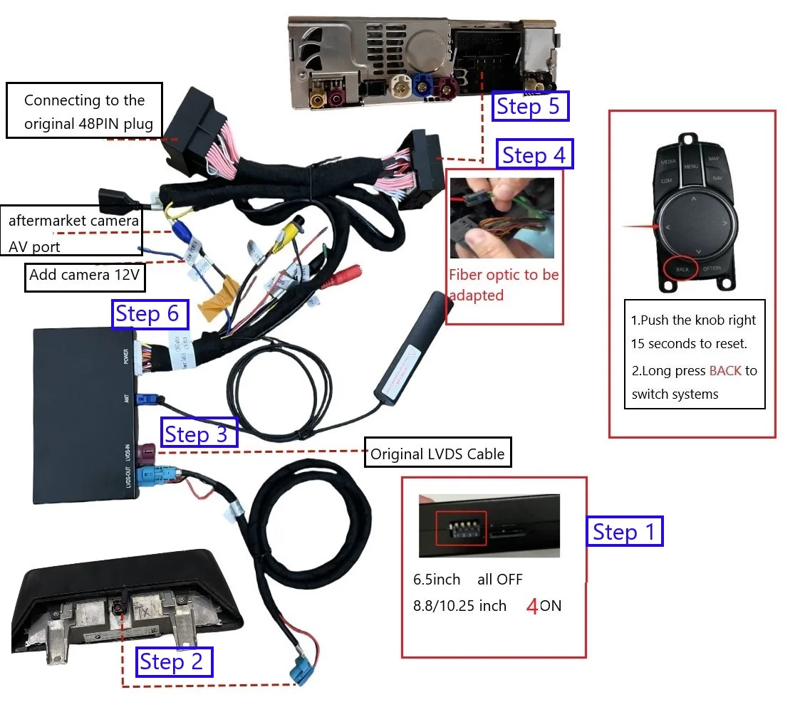 BMW NBT head unit install guide showing where the CarPlay retrofit module harness connects