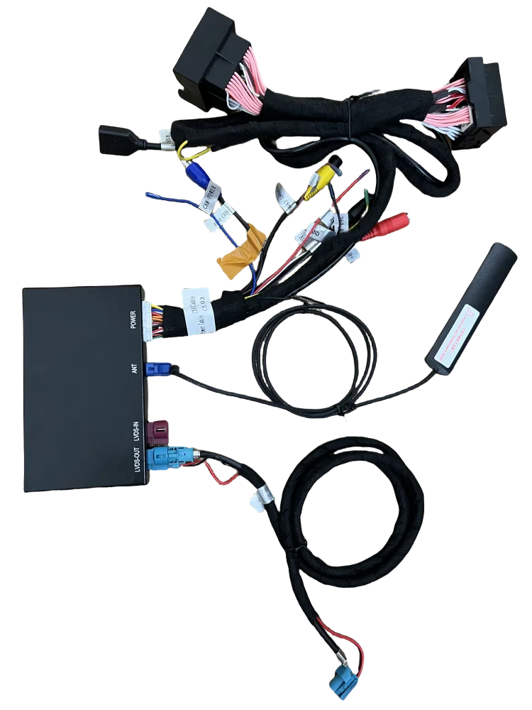 Plug and play CarPlay decoder module kit with wiring harness, 5GHz WiFi antenna and microphone for a Toyota Land Cruiser 150 retrofit