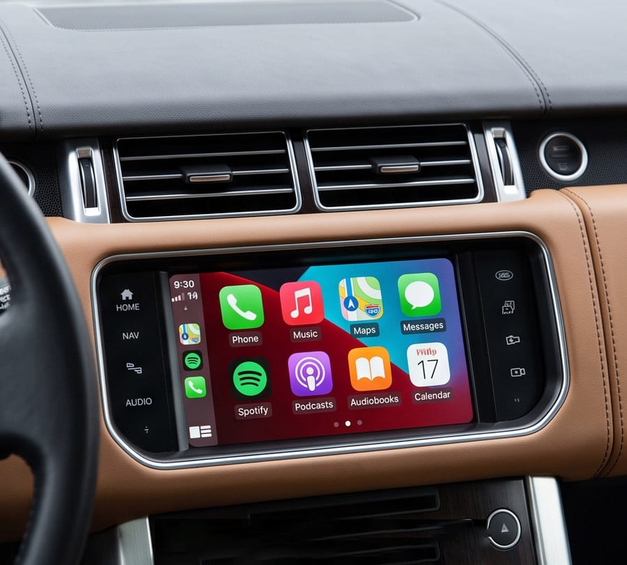 安装 DIYCarPlay 解码器后，配备 Harman 10.25" 屏幕的 Land Rover / Jaguar JLR InControl Touch Pro 运行无线 Apple CarPlay