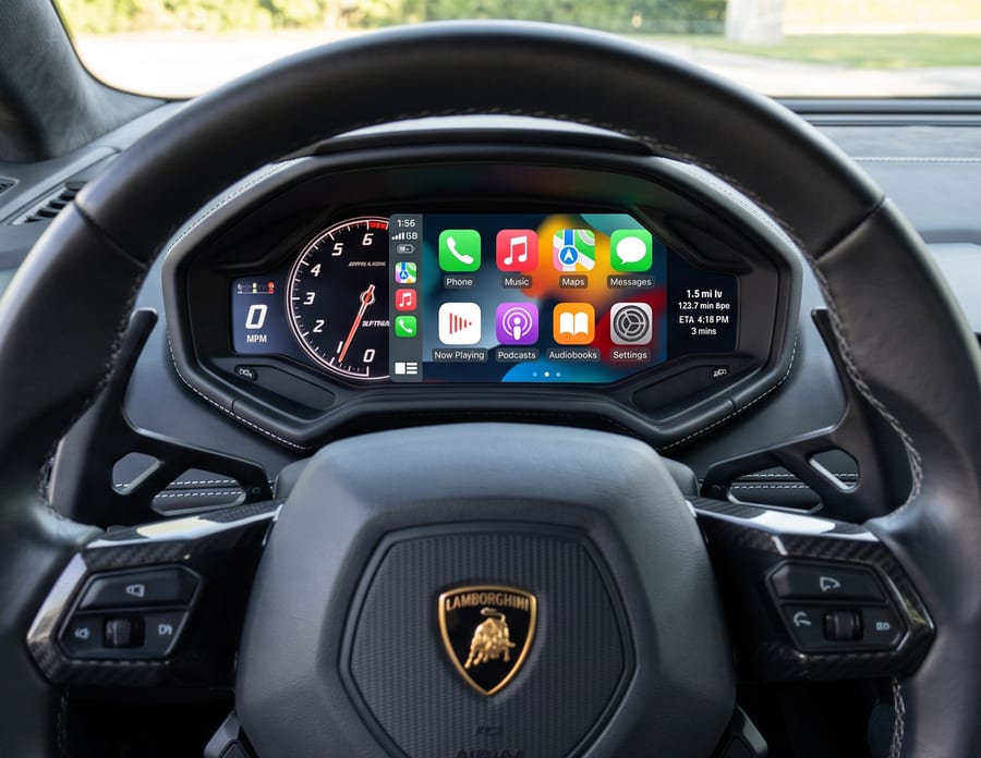 DIYCarPlay 解码器安装后，Lamborghini Huracán 信息娱乐系统运行无线 Apple CarPlay