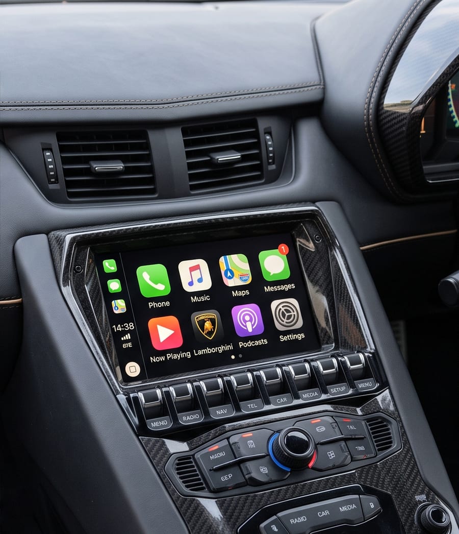 安装 DIYCarPlay 解码器后运行无线 Apple CarPlay 的 Lamborghini Aventador 信息娱乐系统