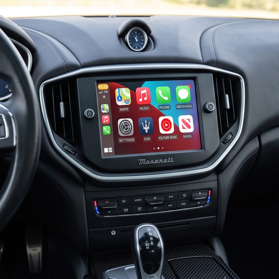 安装 DIYCarPlay 解码器后运行无线 Apple CarPlay 的 Maserati 信息娱乐系统