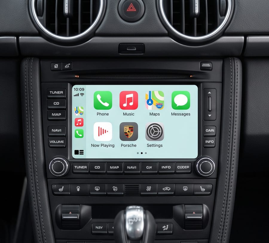 安装 DIYCarPlay 解码器后运行无线 Apple CarPlay 的 Porsche CDR 3.0