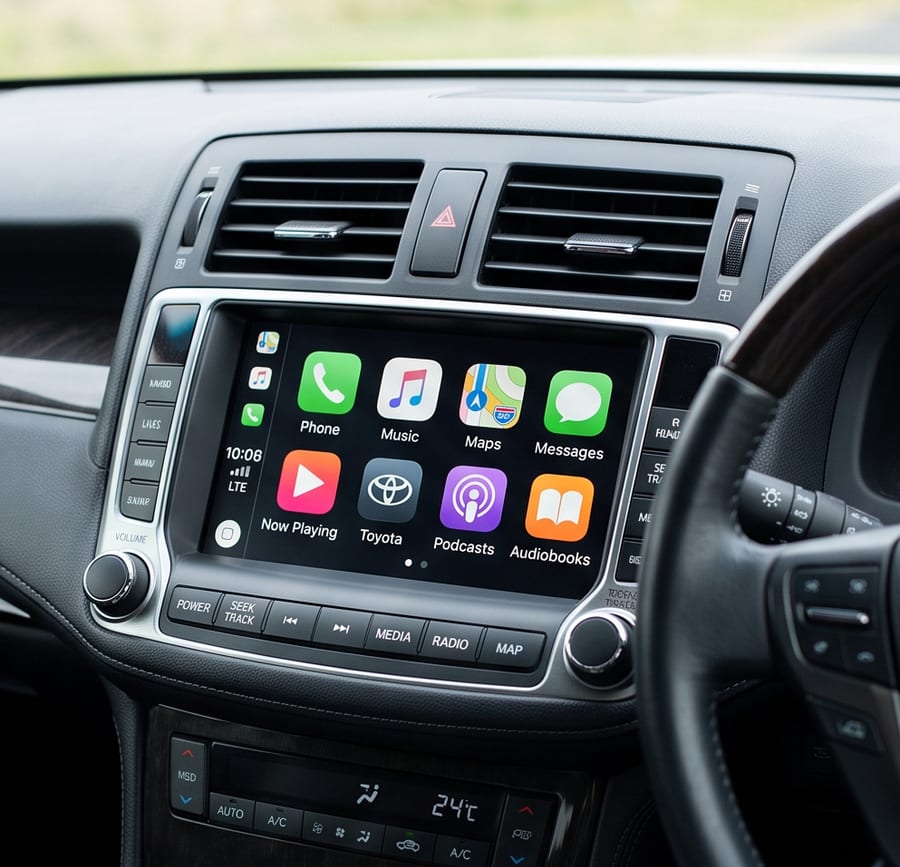 安装 DIYCarPlay 解码器后，运行无线 Apple CarPlay 的 Toyota 信息娱乐系统（轿车/SUV 系列）