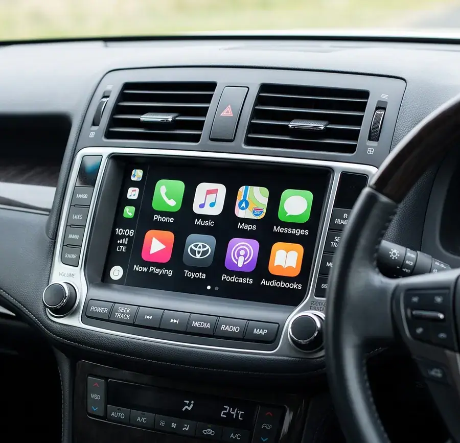 Toyota infotainment (sedan/SUV line) 无线 CarPlay 解码模块 —— 原厂屏幕改装实拍