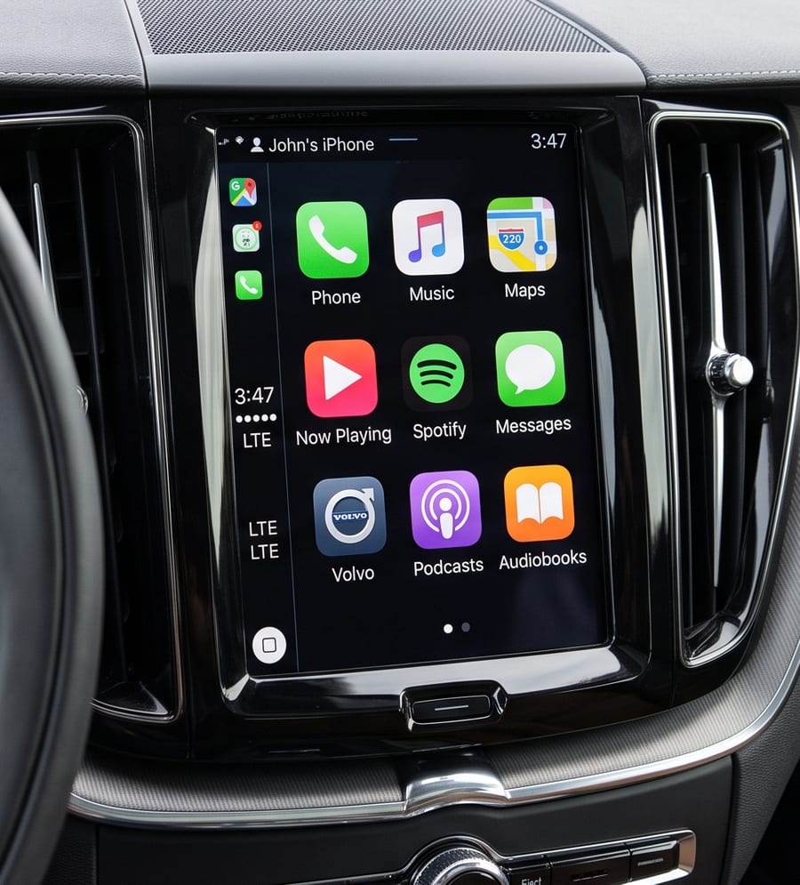 安装 DIYCarPlay 解码器后，Volvo Sensus（中）运行无线 Apple CarPlay